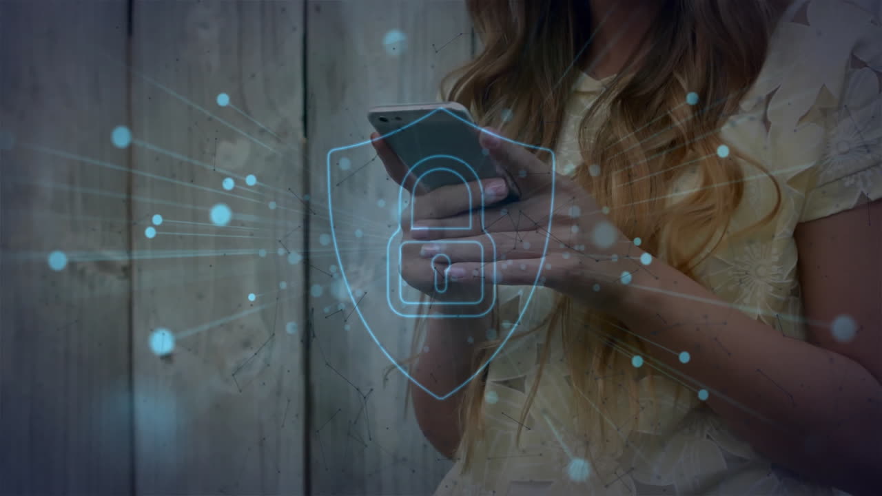 Holding smartphone, woman with security lock animation over digital network