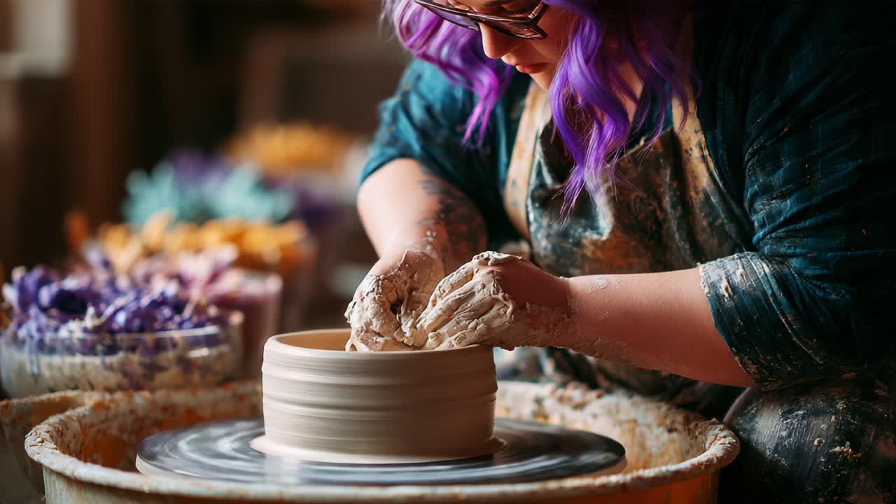 A skilled artisan passionately shapes a piece of pottery with delicate precision, showcasing the creative process of crafting clay into beautiful handmade ceramics
