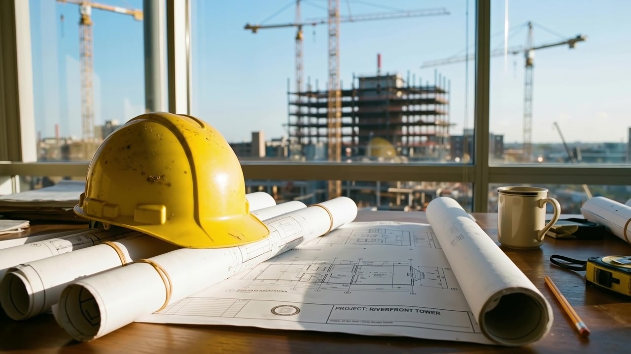 Safety helmet and several rolls of blueprints on a desk overlooking an active construction site