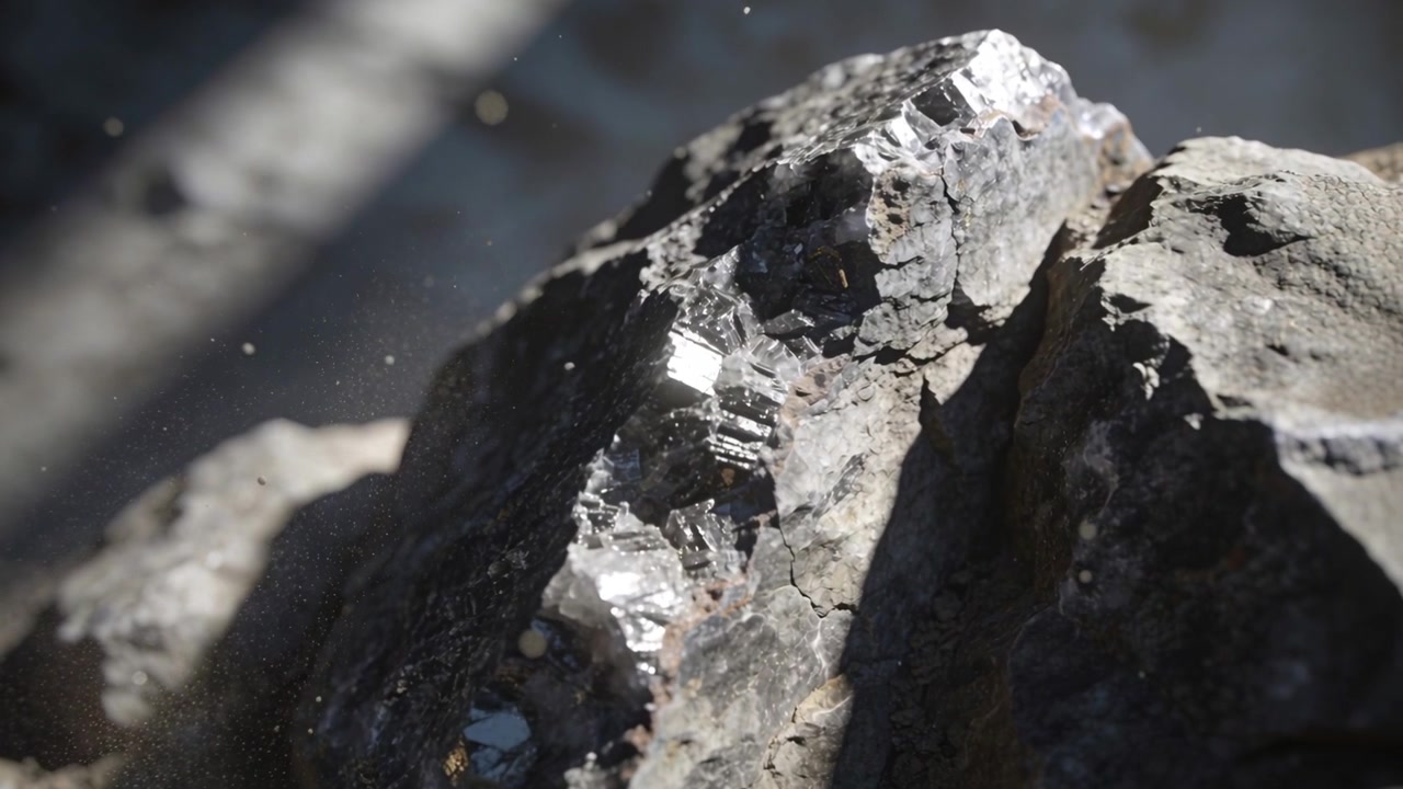 Kayadaki detayı göstermek için metal kristalleri gösteren odaklanmış kamera, geçen bir gölge bandı ve süzülen toz zerrecikleri.