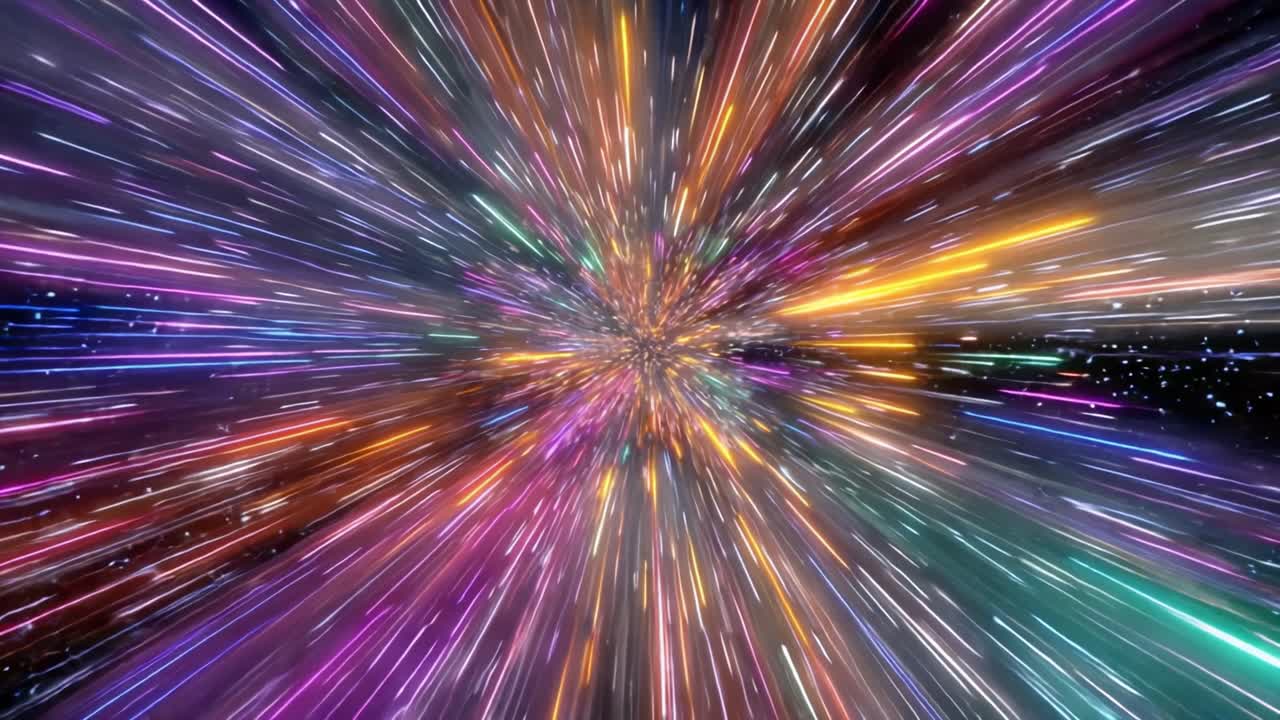 Un viaggio visivo mozzafiato attraverso un'esplosione colorata di luce e movimento, che cattura l'essenza dell'accelerazione cosmica e dell'energia vibrante nello spazio in espansione.