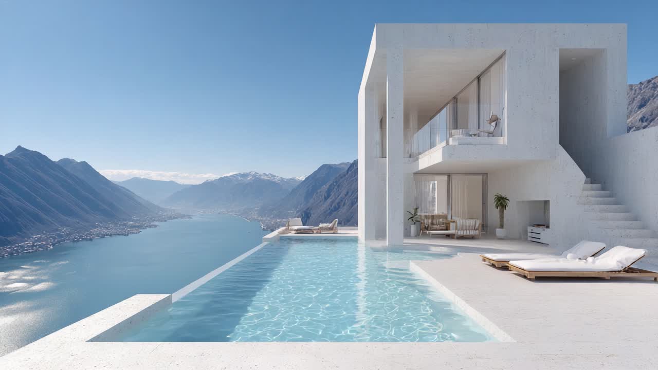 Splendida villa contemporanea con vista su un lago sereno, circondata da maestose montagne, con lussuosa piscina a sfioro e design architettonico moderno