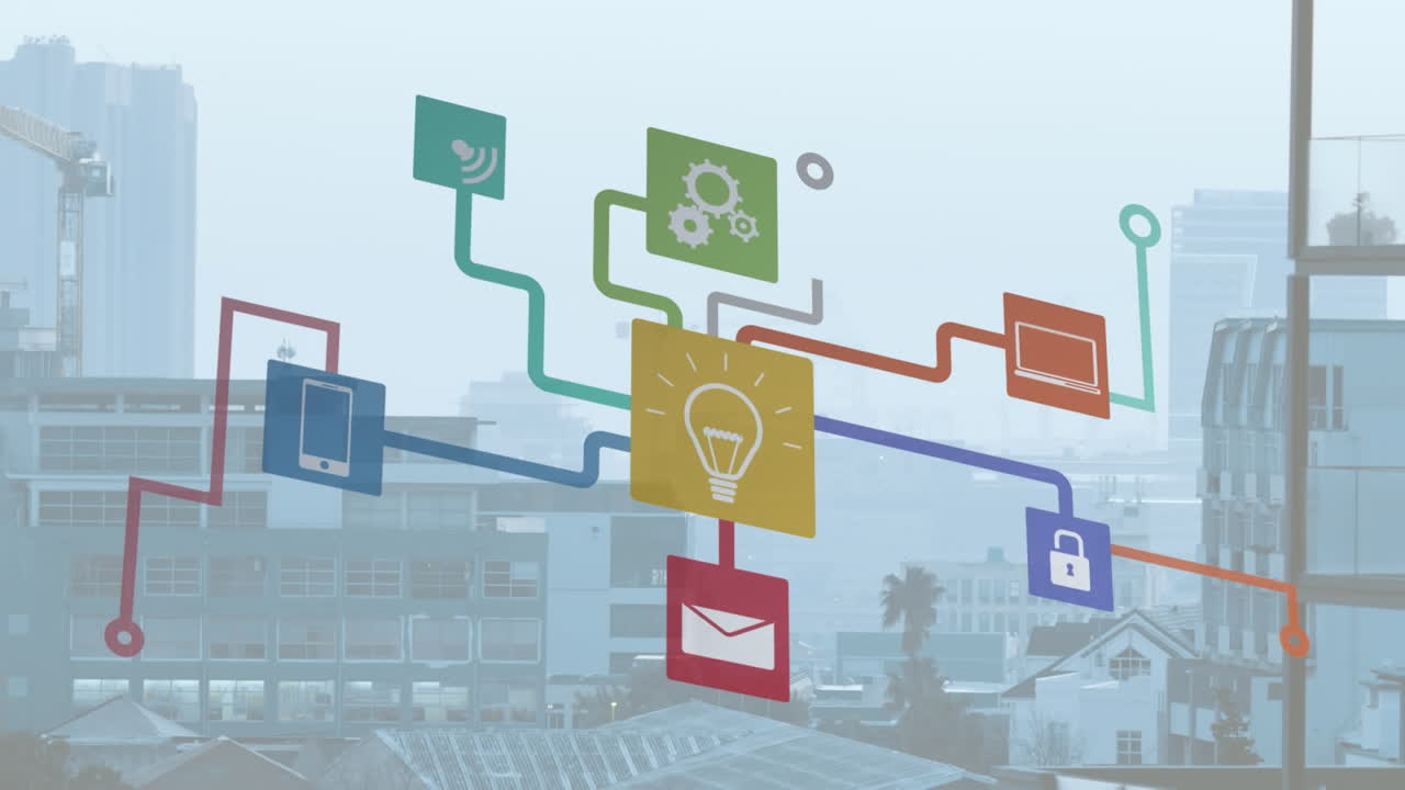 아이콘과 데이터 처리와 도시 풍경에 대한 연결의 애니메이션