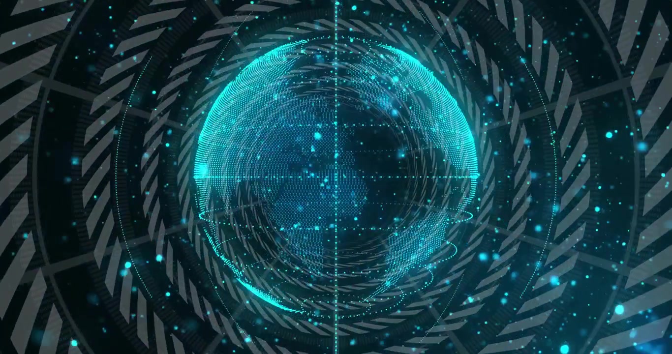 Glowing cyan particles converging forming globe rotating chevron rings sweeping scans to show data