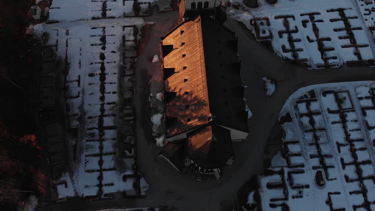 Top Down View Of Church In Winter