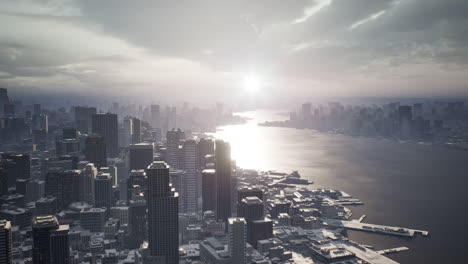 skyline aerial view at sunset with skyscrapers