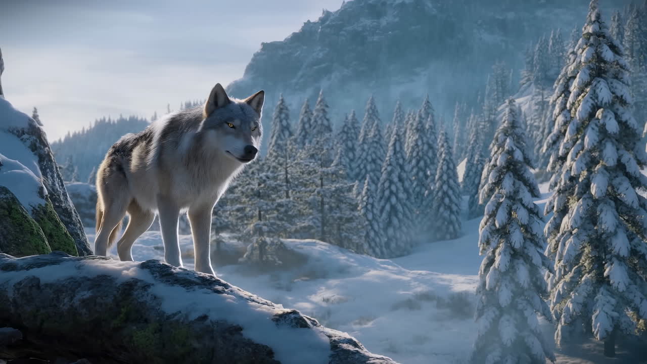 Majestic Wolf Standing on a Snowy Ridge in a Winter Mountain Forest