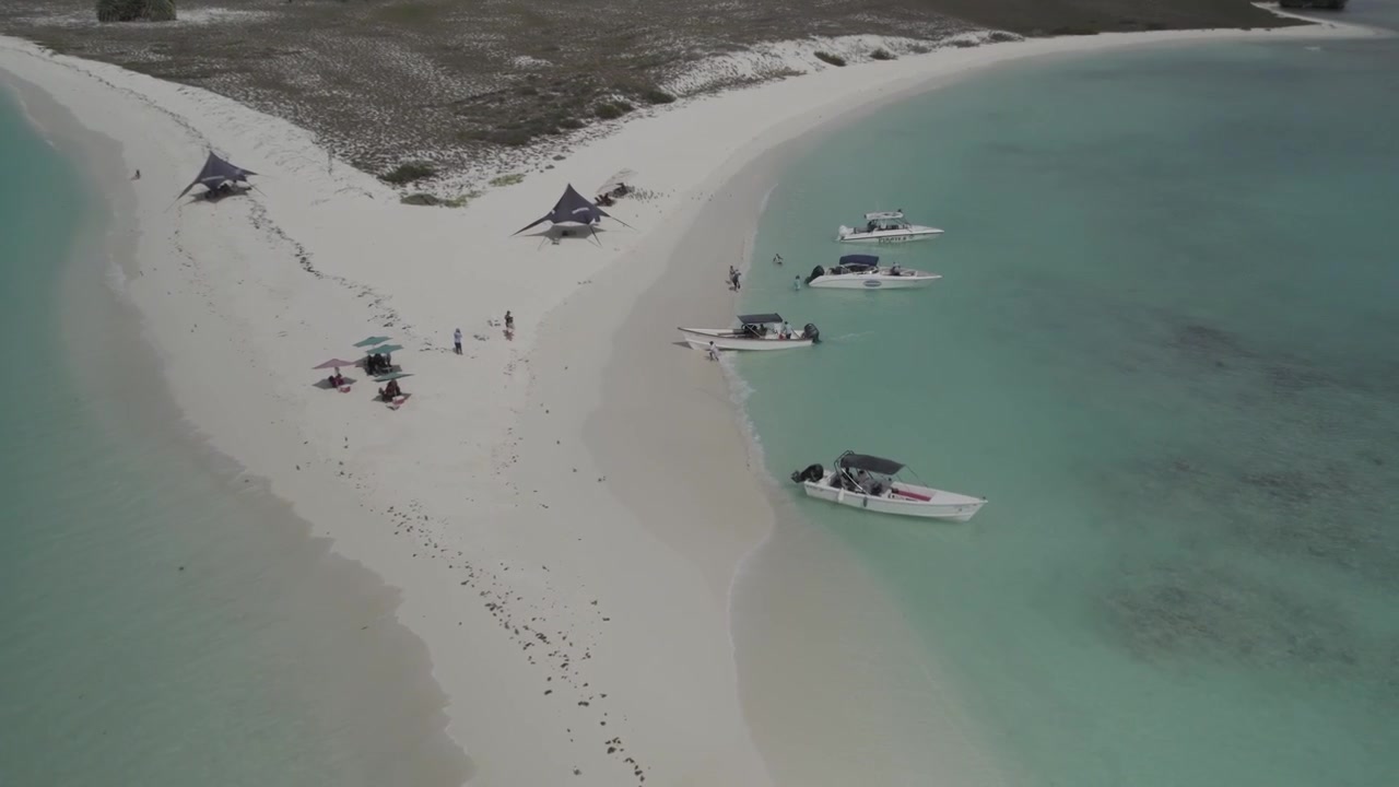 Dolly in del drone sopra il banco di sabbia dell'isola di Cayo de Agua, Caraibi