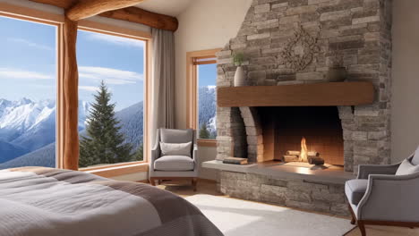cozy bedroom with fireplace and mountain view