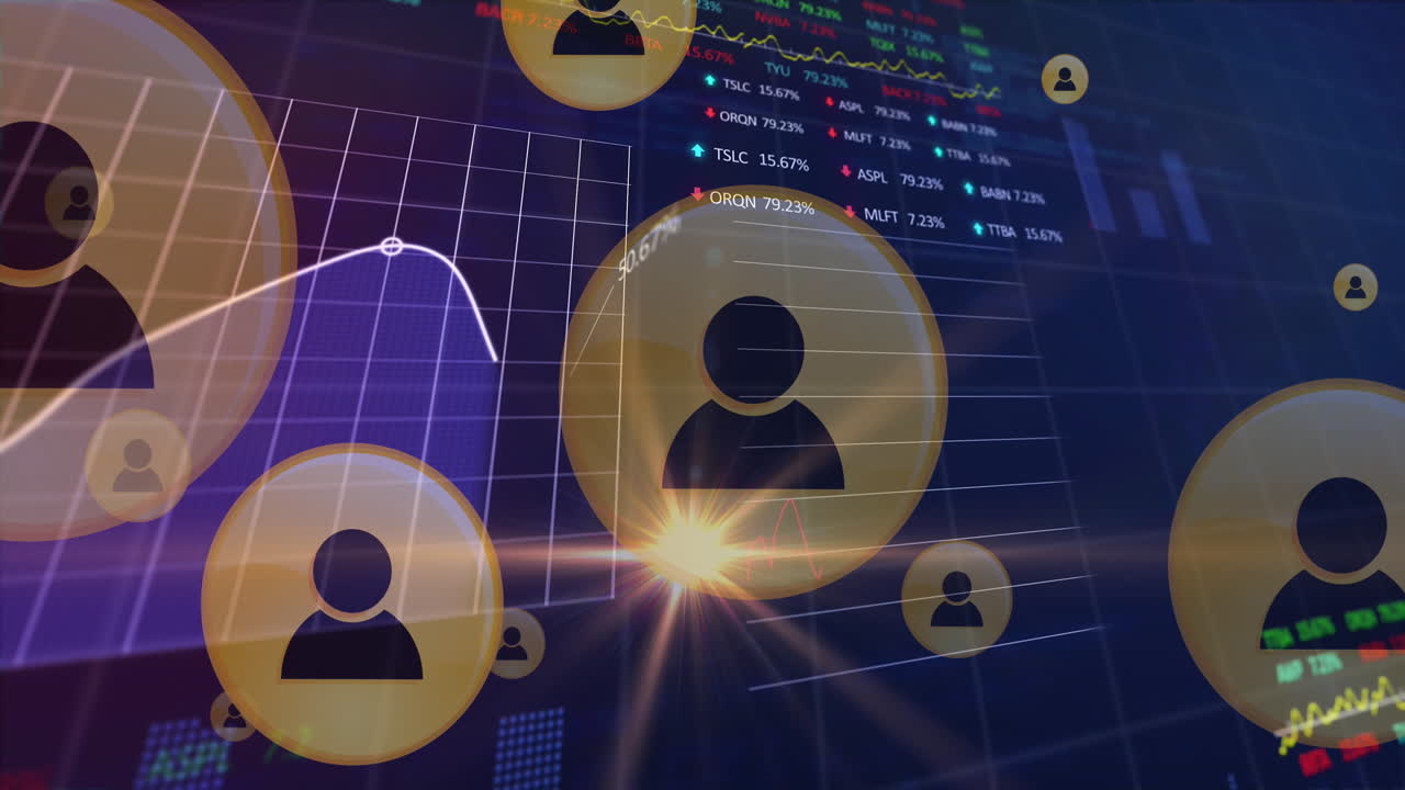 Animation of profile icons, multiple graphs, trading boards, computer language over black background
