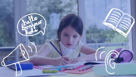 animación de iconos escolares sobre una niña caucásica enfocada con máscaras faciales haciendo la tarea