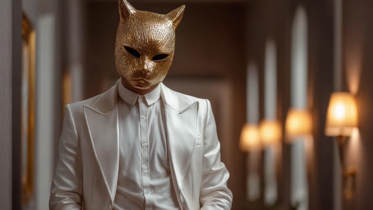 A Mysterious Figure in a Golden Cat Mask and Elegant Suit Stands in a Dimly Lit Hallway, Blending Elements of Glamour and Intrigue in an Enigmatic Atmosphere