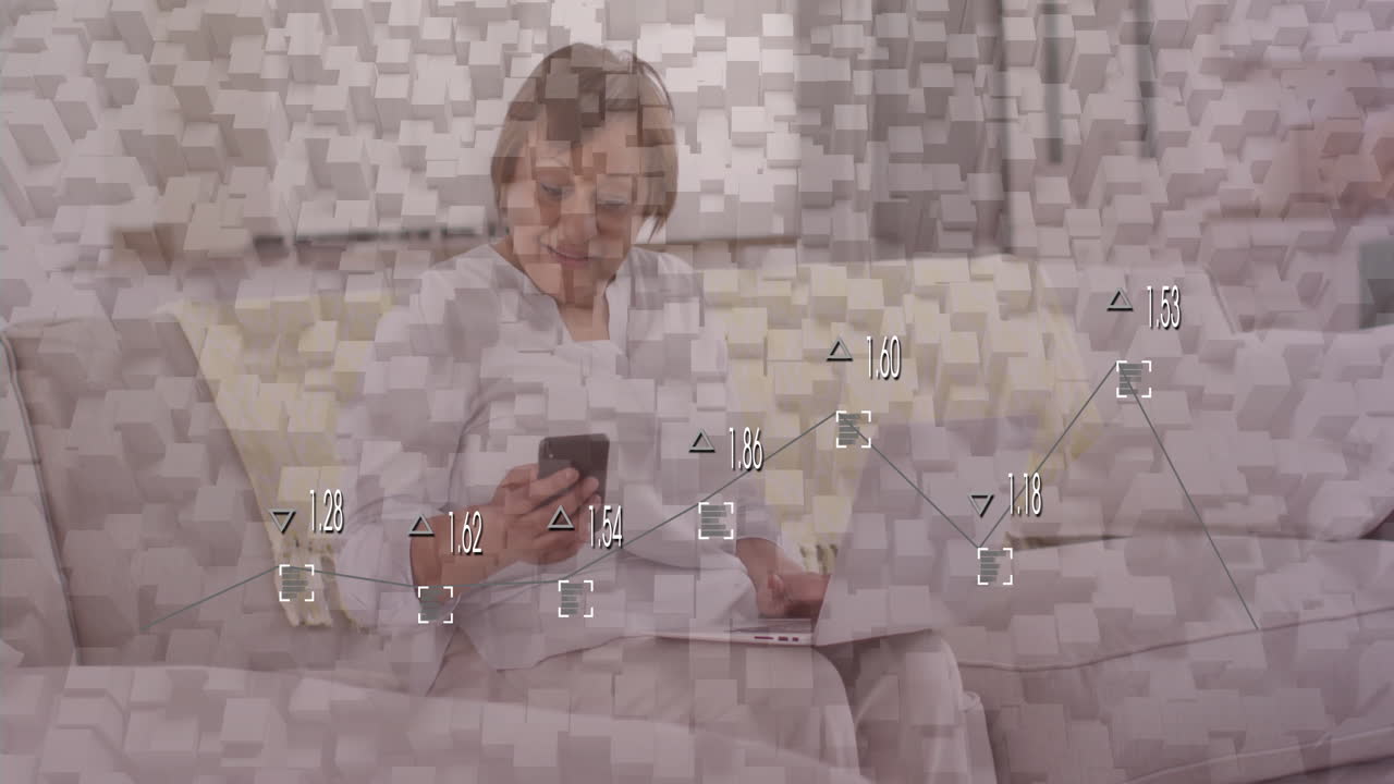 Elderly woman using smartphone with financial data processing animation overlay