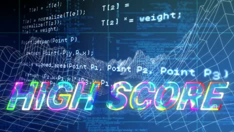 animation of high score over data processing on blue background with metaverse landscape