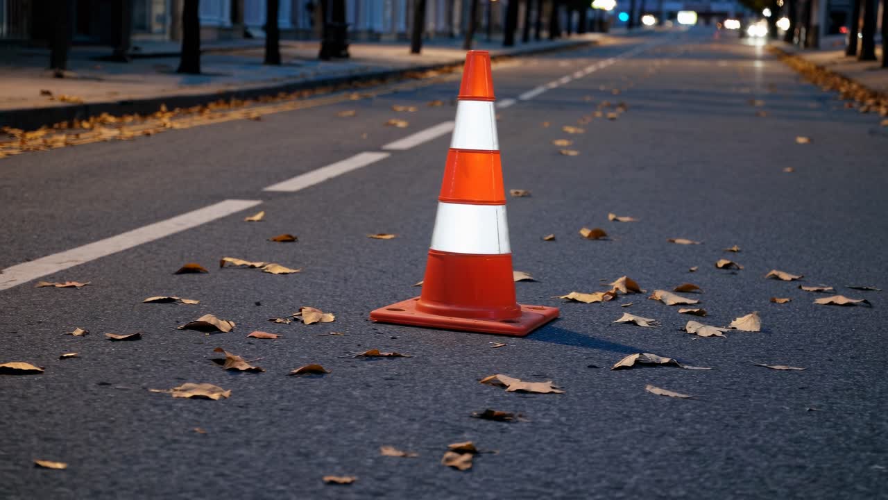 Street-level video shot of an orange traffic cone on an empty road, surrounded by fallen leaves