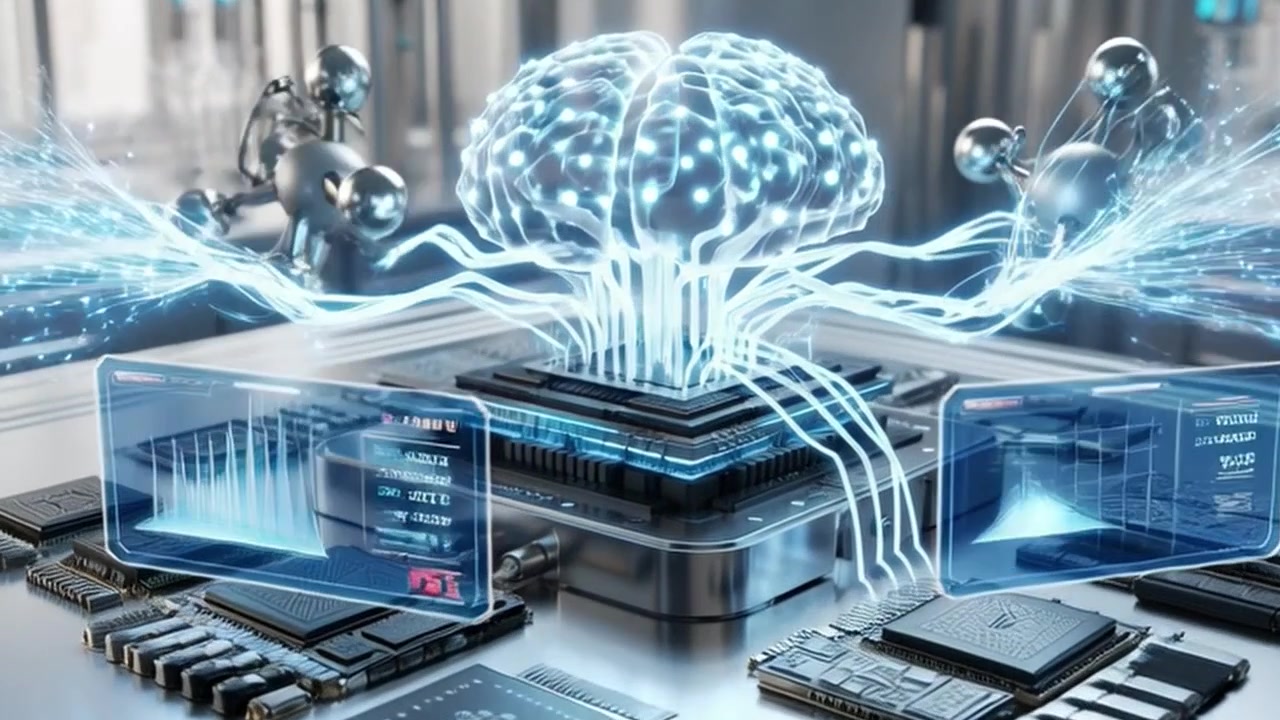 Digital Brain Hologram Processing Data on Computer Circuit Board
