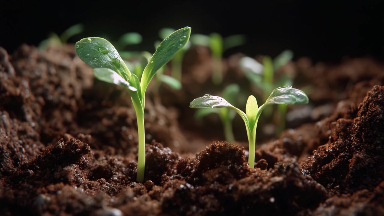 Photos of Young Seedlings Growing in Rich Soil Highlighting Nature's Rejuvenation and the Beauty of New Life Emerging from the Earth with Moisture and Light