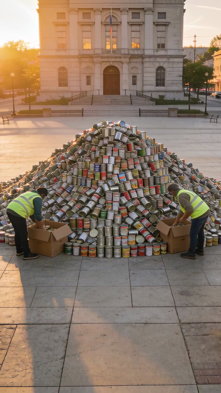 Vertical video: Moving two in hi-vis vests packing cans from pile to boxes at plaza with sun rising