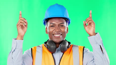 Construction-worker,-happy-black-man-point