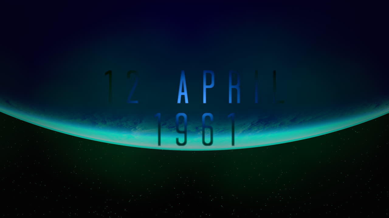 12 April 1961 with big planet and blue light of star in galaxy