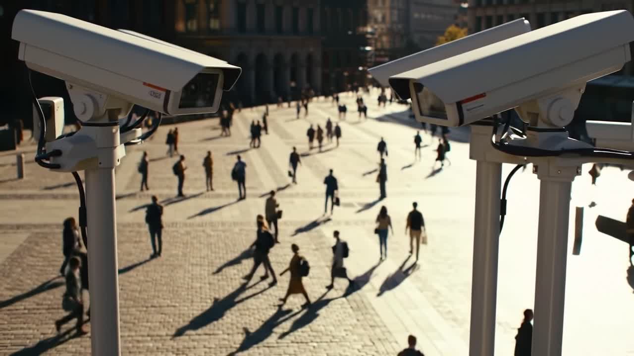 Surveillance Perspective: Aerial View of Outdoor Square Crowded with Pedestrians and Security Cameras Monitoring Activity