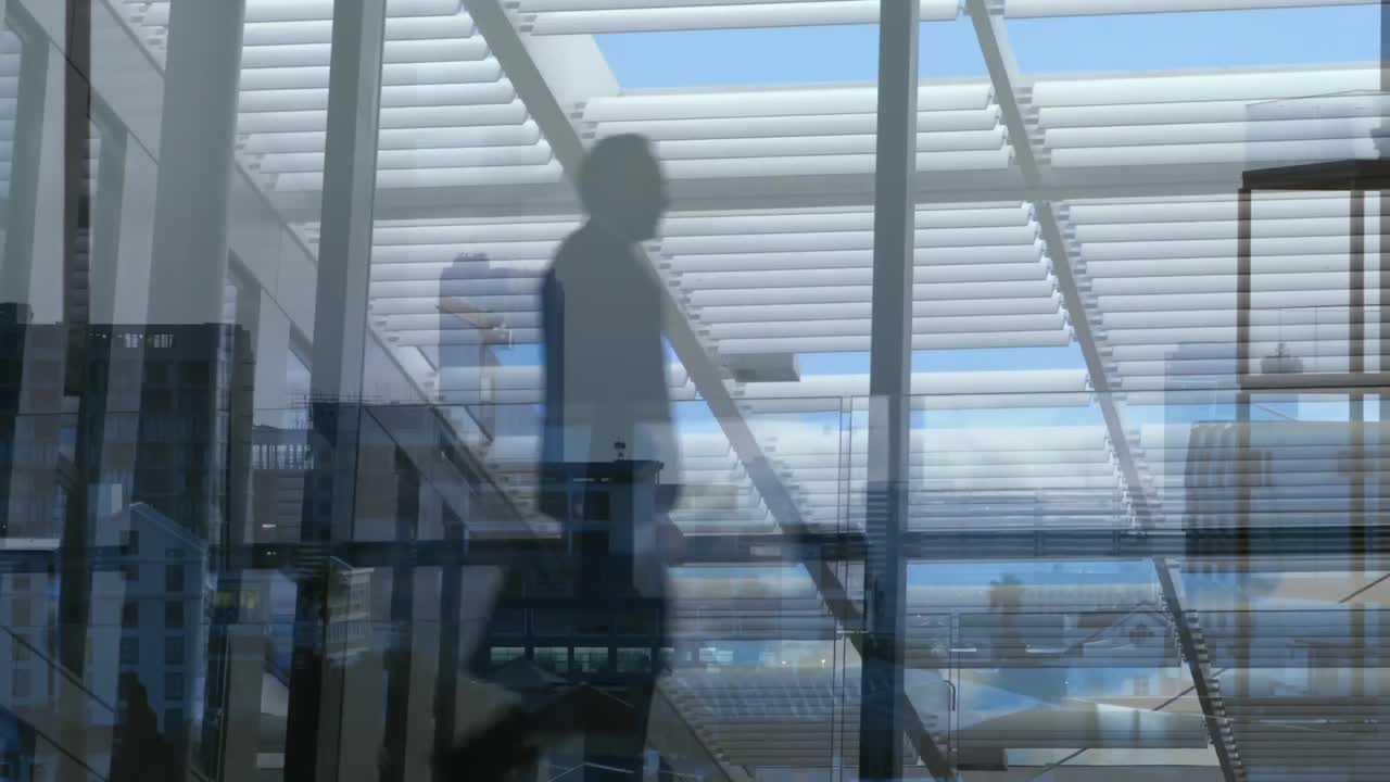 animación de un edificio de oficinas sobre personas de negocios caminando en una oficina moderna