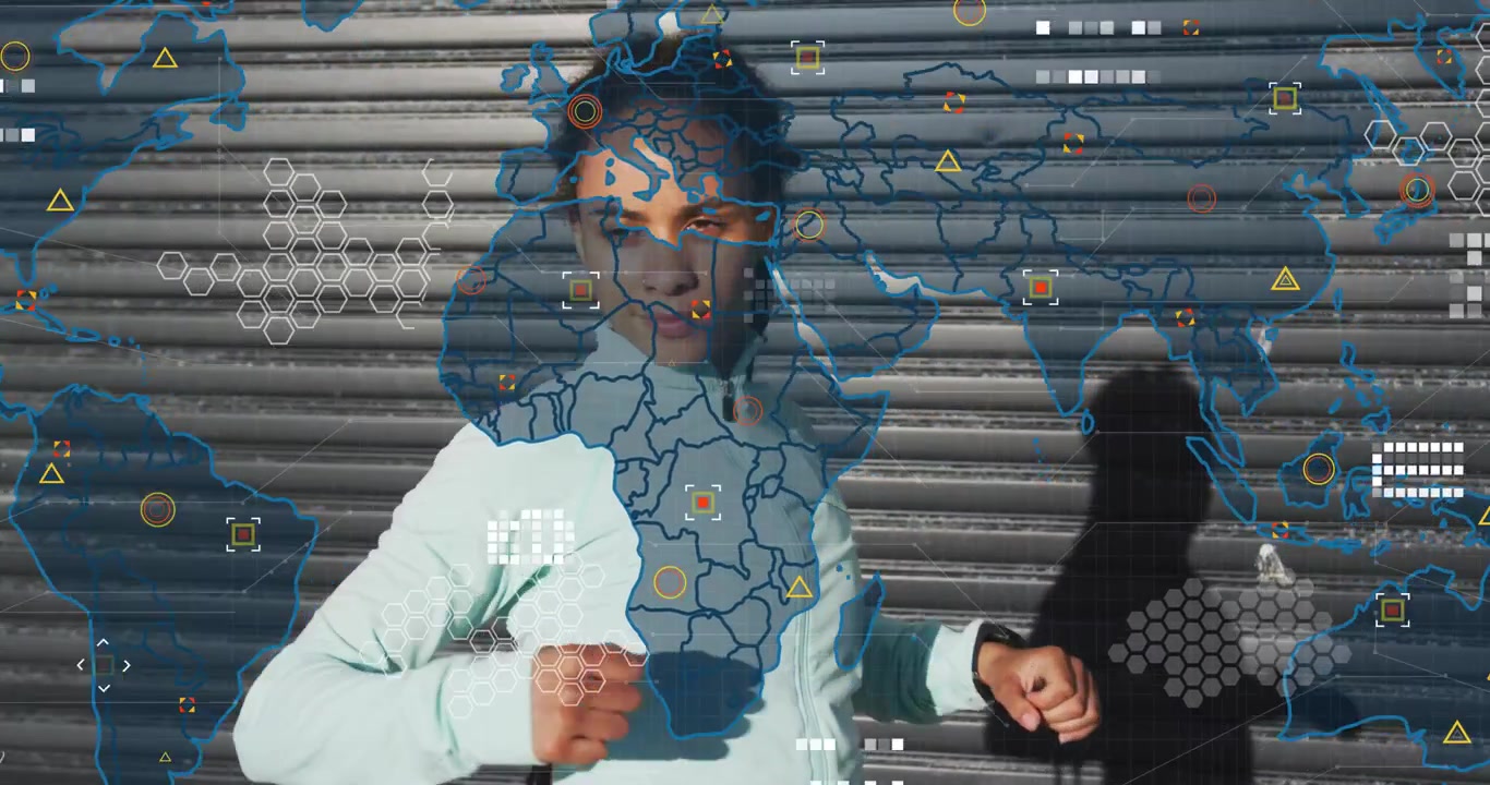 Woman glancing smartwatch and launching boxing while world map overlay visualizing tech data nodes