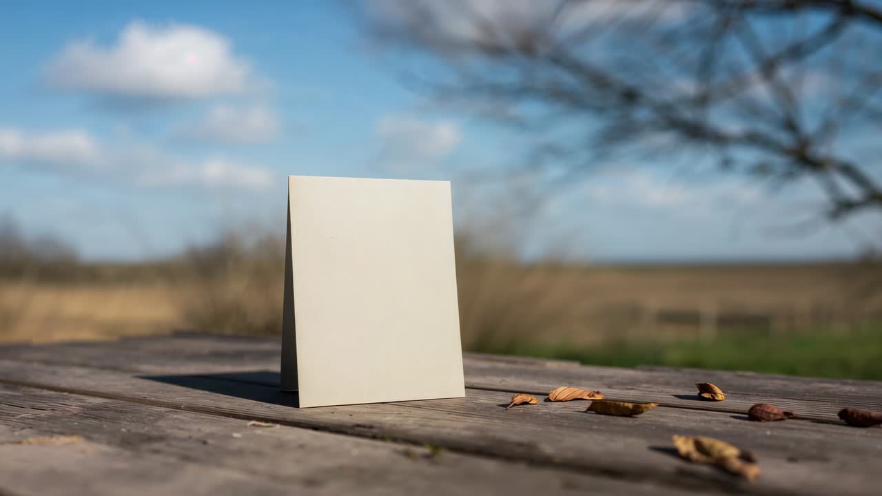 Carta da tavolo a forma di tenda color crema che si apre, mostrando il pannello piatto sul tavolo di legno, con il vento che spinge la carta e le foglie