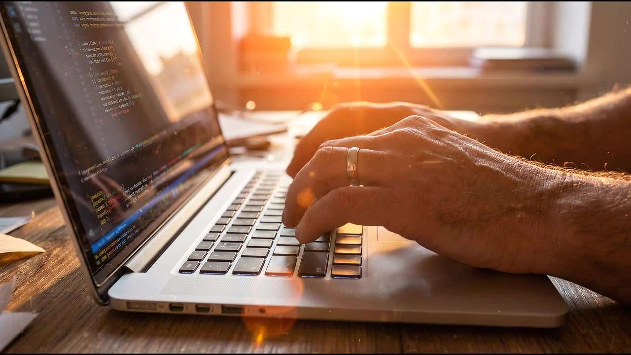 Vista de perto das mãos de um programador digitando código no teclado do laptop com luz solar quente em um espaço de trabalho moderno
