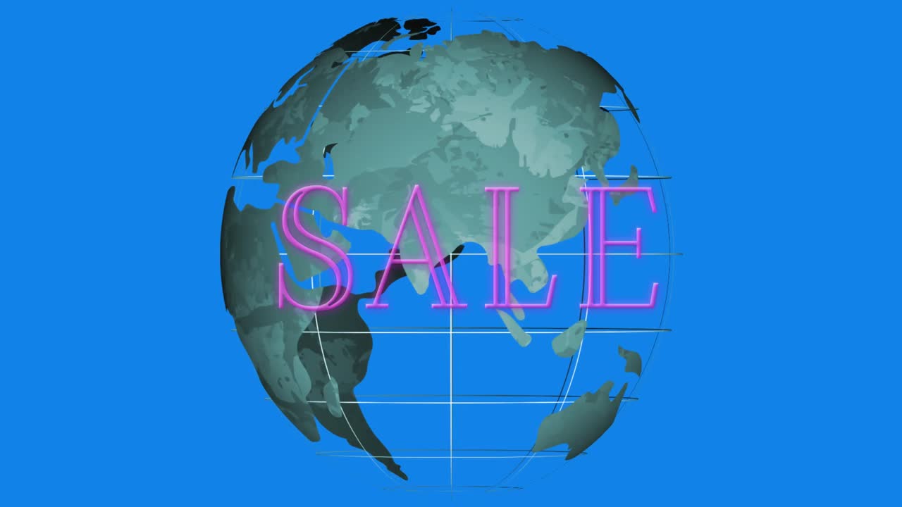 푸른 배경에 회전하는 지구 위에 네온 판매 텍스트 배너의 애니메이션
