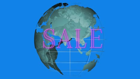 Animation-of-neon-sale-text-banner-over-spinning-globe-against-blue-background