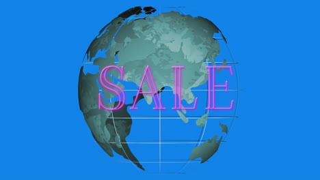 animación de un cartel de texto de venta de neón sobre un globo giratorio contra un fondo azul.