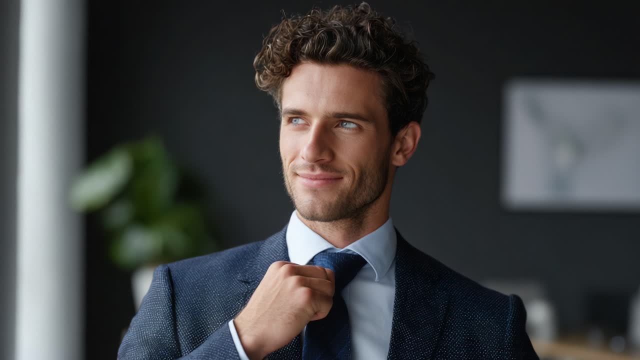 A confident young man in a stylish suit with curly hair adjusts his tie, showcasing professionalism and elegance in a modern office environment, ready for success