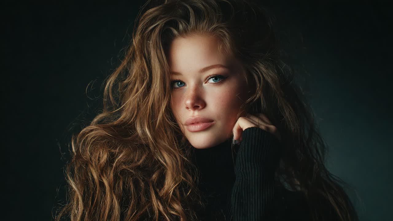 Captivating Portrait of a Young Woman with Voluminous Hair and Striking Eyes Against a Dark Background, Highlighting Natural Beauty and Expression
