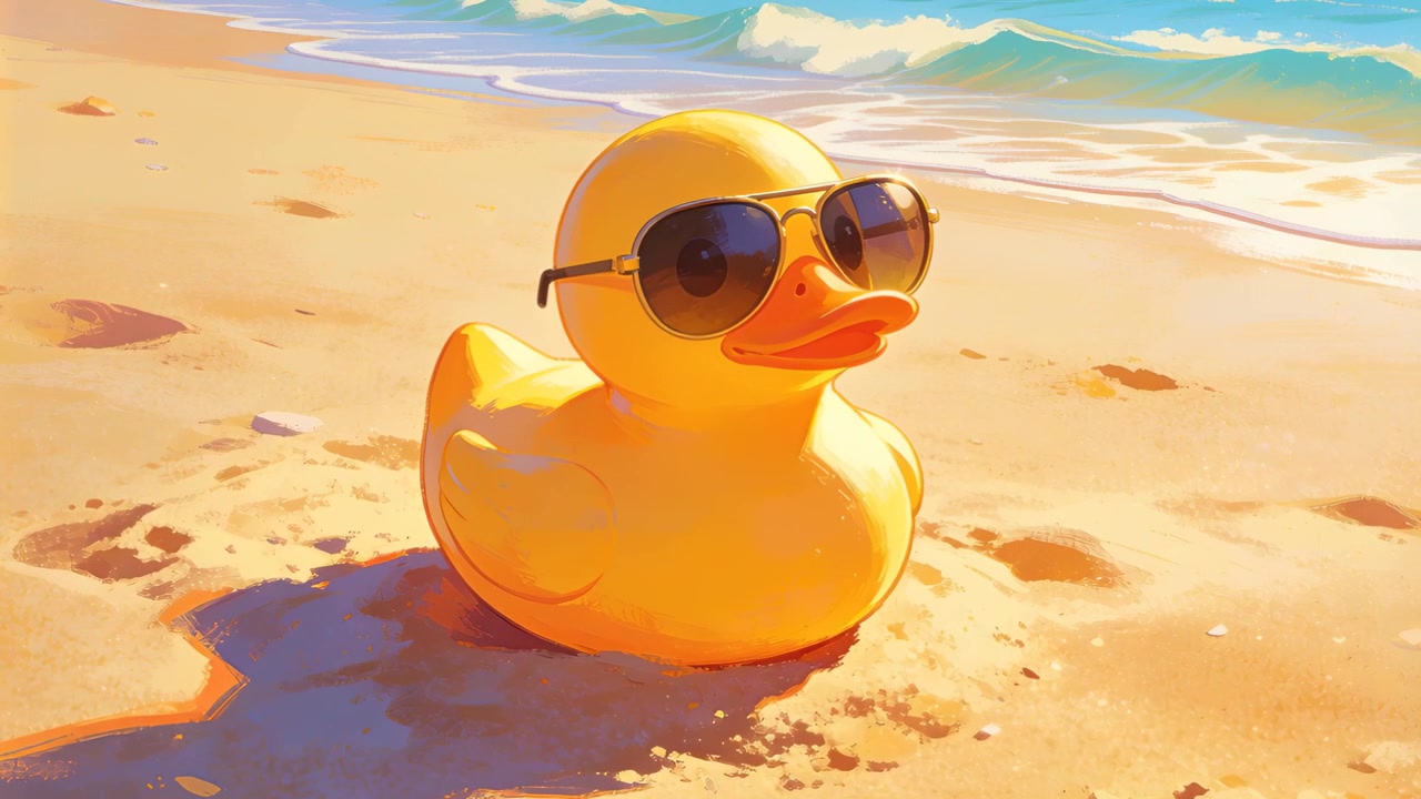 Câmera se aproximando de pato de borracha amarelo usando óculos de sol aviador escuros na areia, capturando brilhos