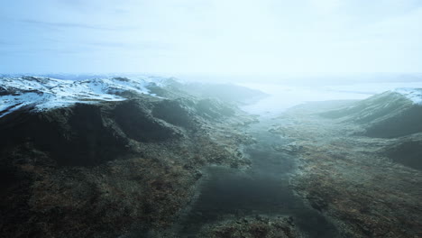 Aerial-view-of-fjord-in-cold-winter-weather