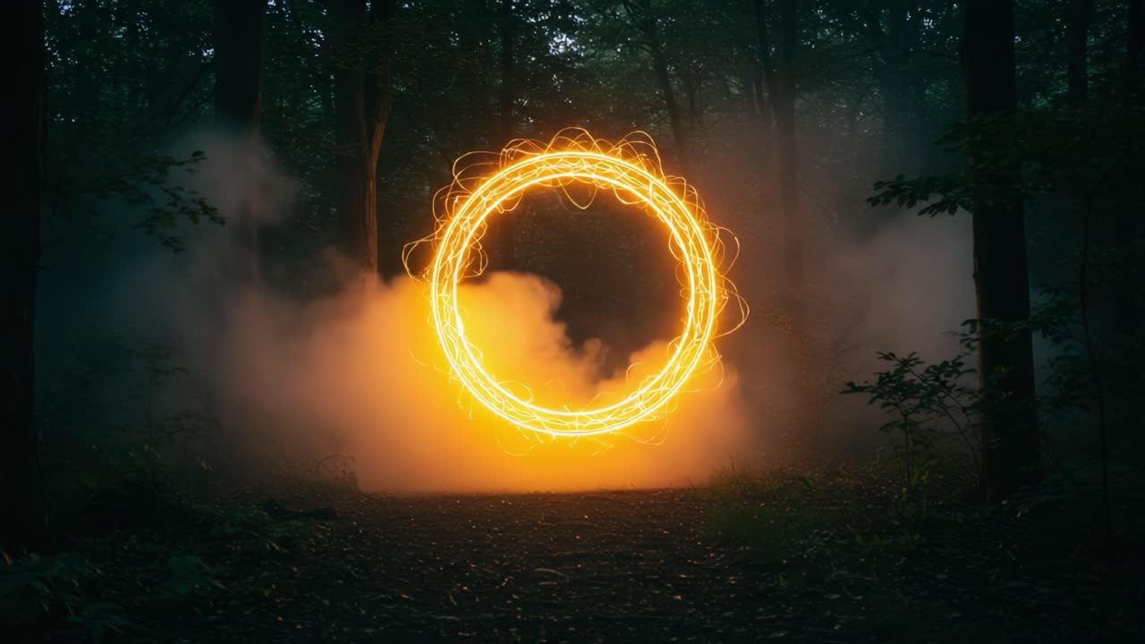 A Mesmerizing Ring of Light Illuminates the Mystical Forest, Creating an Enchanting Atmosphere Surrounded by Ethereal Mist and Shadows of Trees