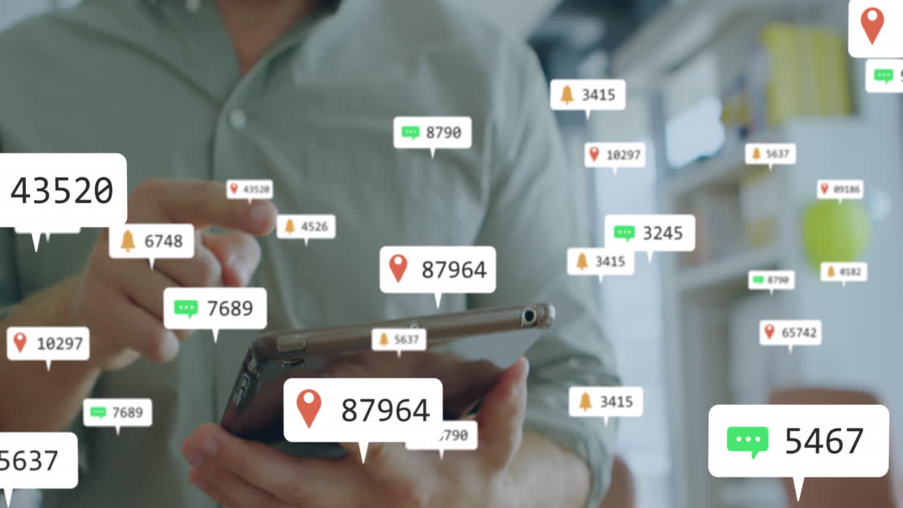 Animation of changing numbers, icon in notification bars, caucasian man using digital tablet