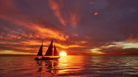 a cinematic scene of small sailing yacht boat sailing along the golden calm waters on lake, river, sea or ocean. beautiful sunset or sunrise, relaxation, calmness, sailing, sailors. luxury living