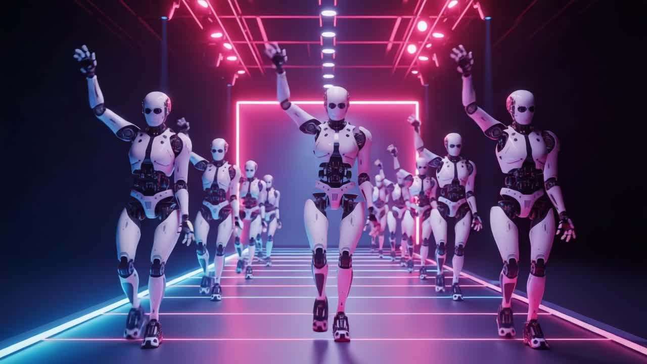 A Coordinated Group of Humanoid Robots Marching in Unison Through a Neon-Lit Corridor, Showcasing Advanced Robotics and Futuristic Design