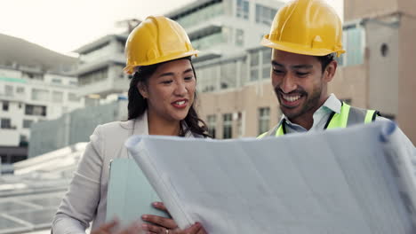 people, architect and blueprint on rooftop