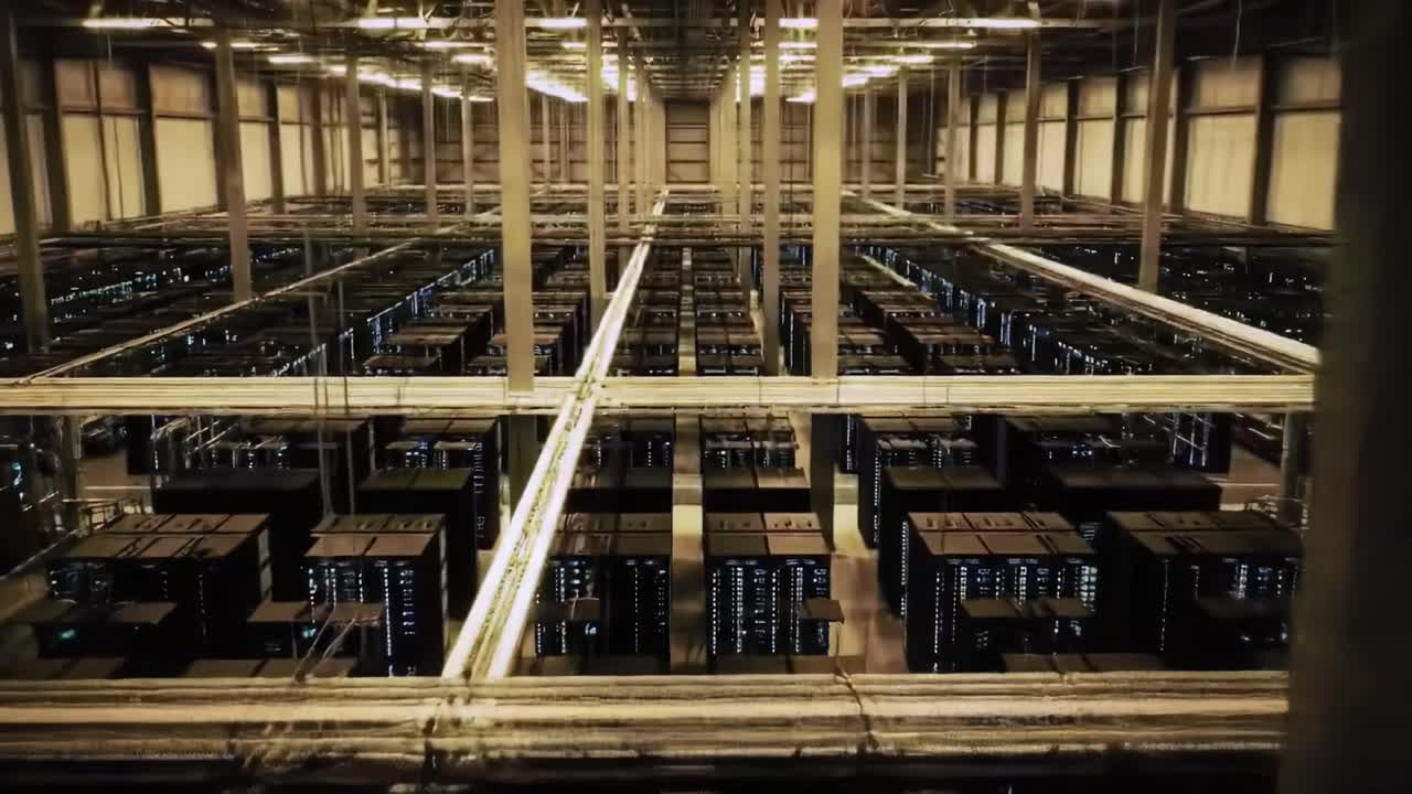 A Comprehensive View Inside a Vast Data Center Highlighting Rows of Servers and Advanced Infrastructure for Modern Computing Needs