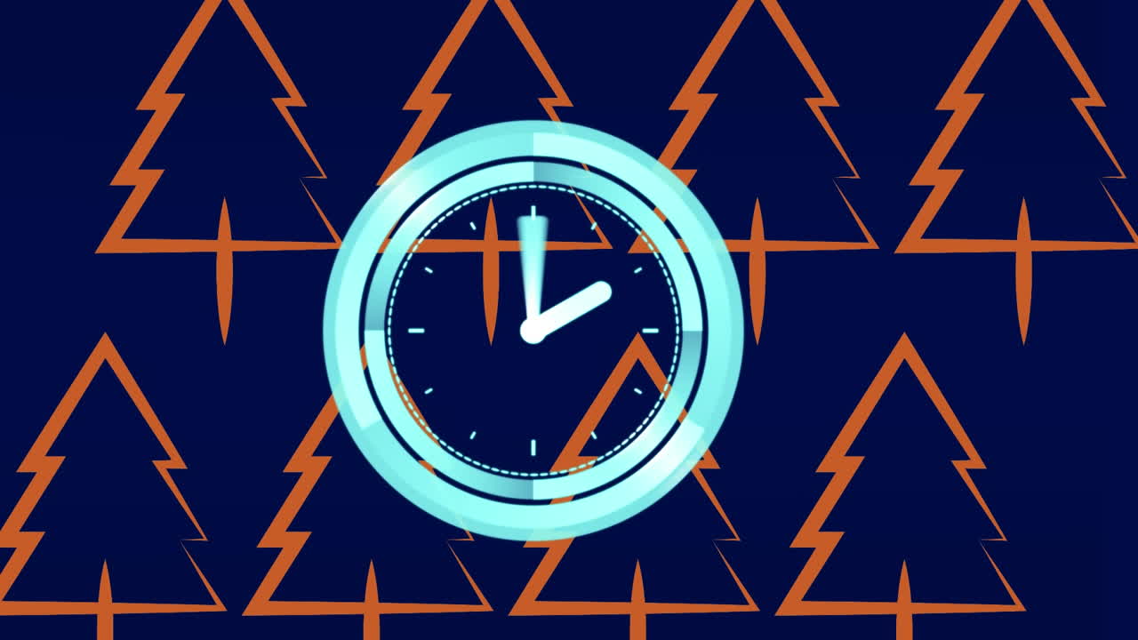 파란 바탕에 빨간 점과 나무 아이콘 위에 움직이는 시계의 애니메이션