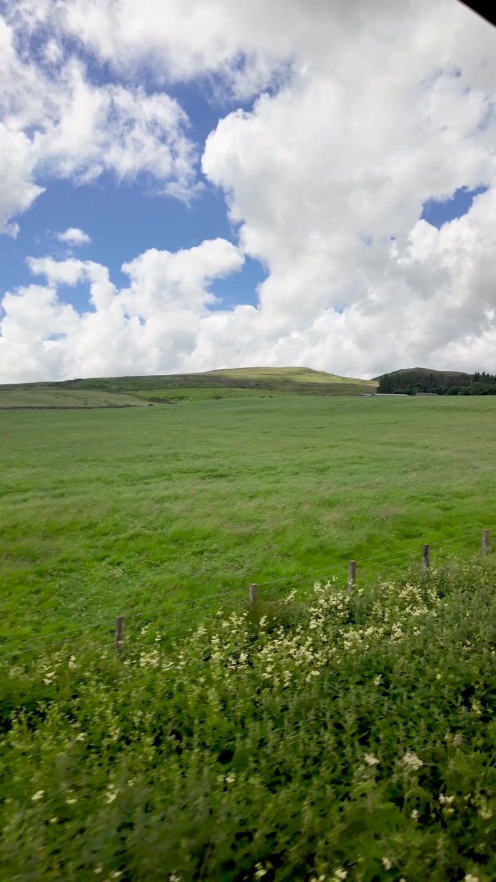 Vivi un viaggio in soggettiva attraverso la splendida e ondulata campagna inglese con rigogliosi campi verdi sotto un cielo dinamico. Video verticale