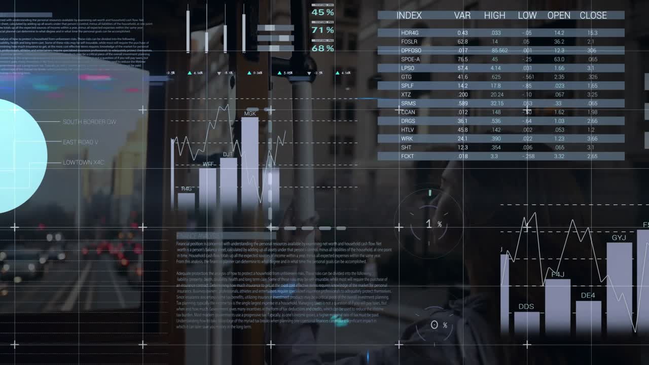 HUD appearing overlaying reflection, woman walking past, charts animating into tech dashboard