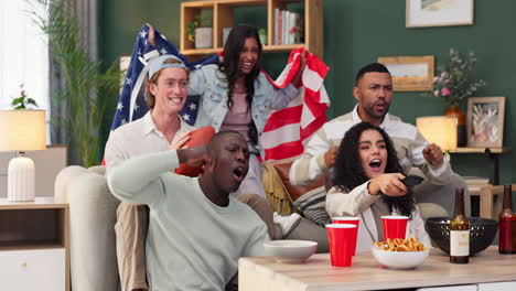 friends watching football with american flag