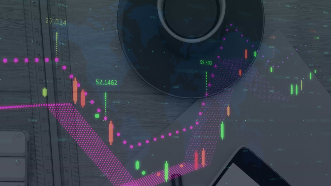 animación del procesamiento de datos financieros a través de teléfonos inteligentes y café en el escritorio