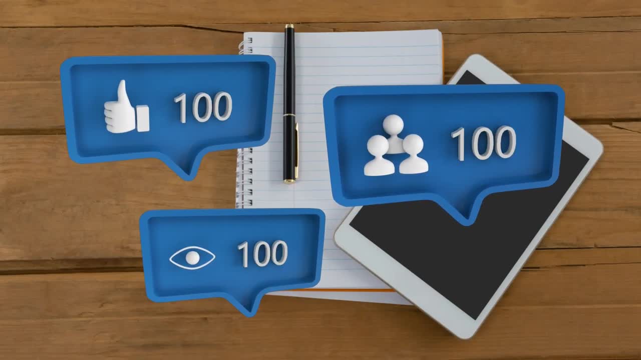 ver, gustar y iconos de perfil con el fondo de una tableta digital y un cuaderno con bolígrafo