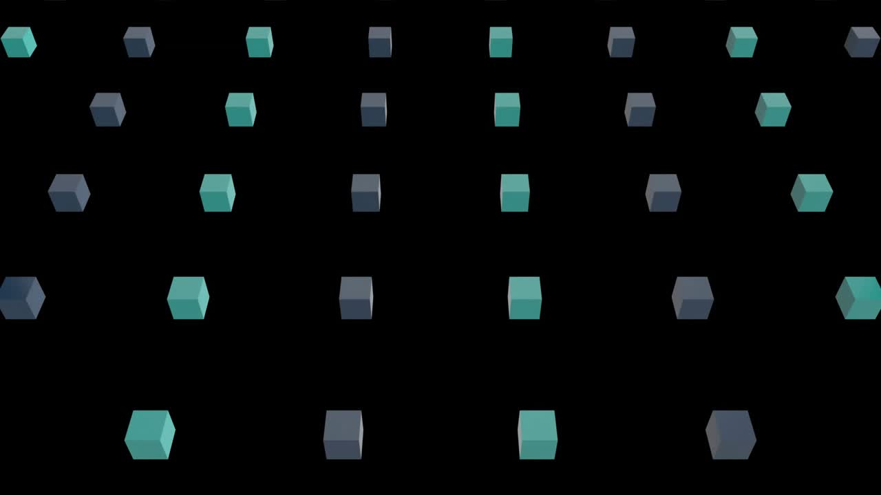 Camera pushing forward, teal cubes drifting and gray triangles entering, rotating, creating depth