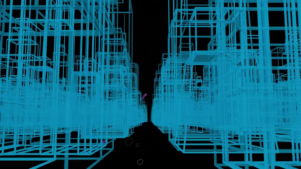 animación del paisaje urbano azul en 3d sobre rastros de luz púrpura sobre fondo negro